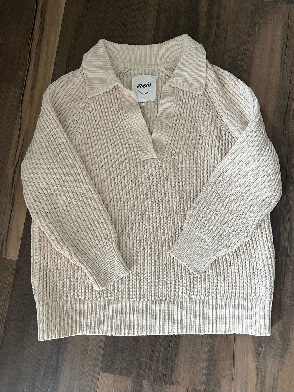 aerie Cream Ribbed V-Neck Collared Sweater